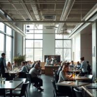 Busy restaurant interior representing US service sector activity in June