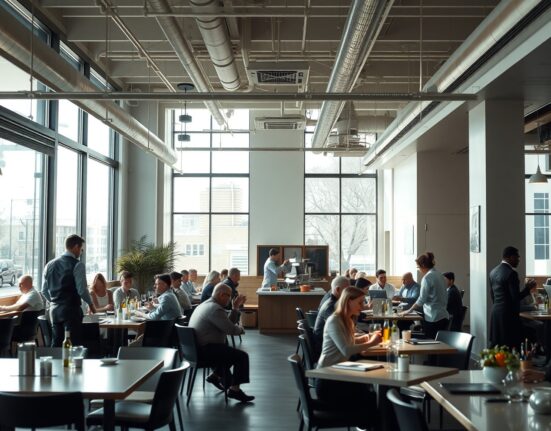 Busy restaurant interior representing US service sector activity in June
