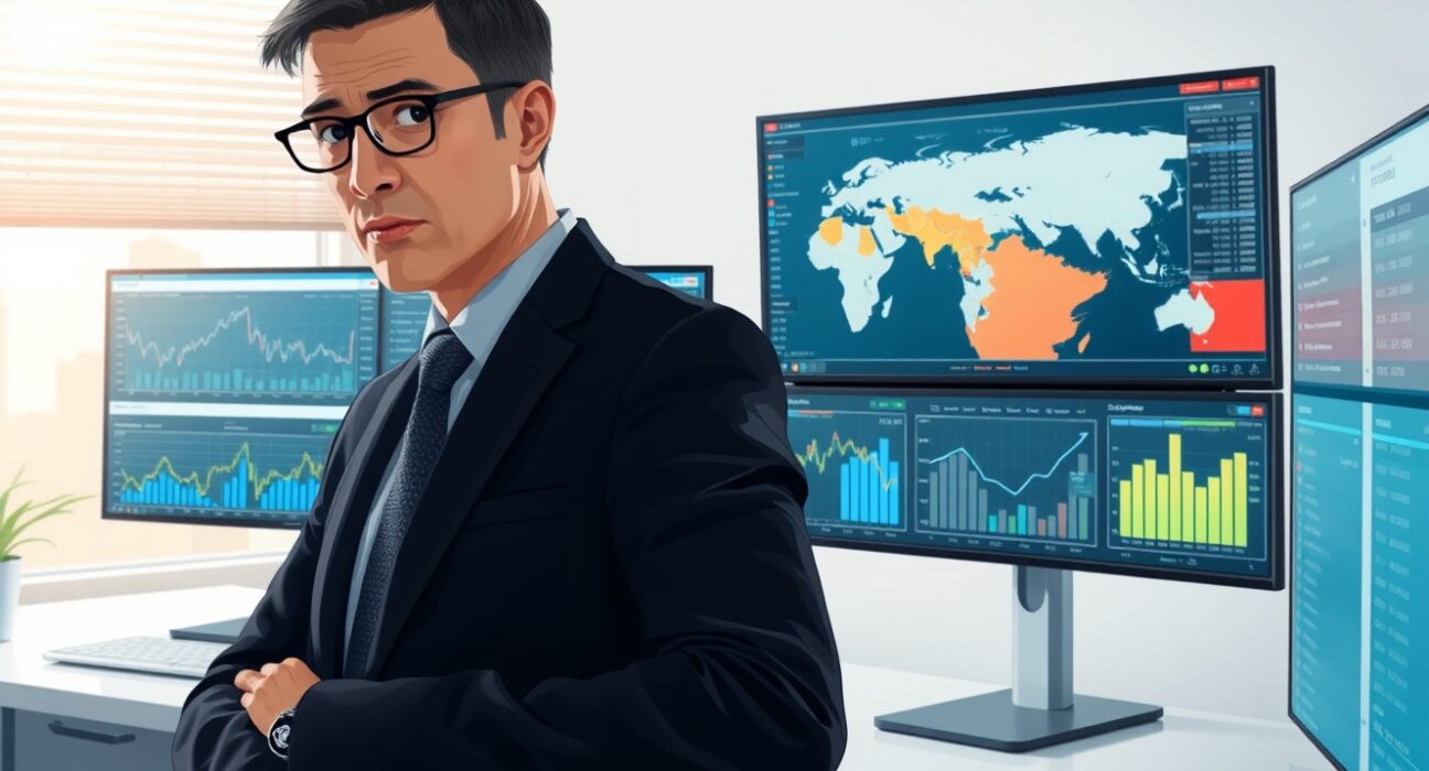 Financial analyst reviewing economic data showing US services sector impact from Iran geopolitical uncertainty