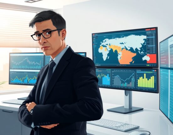 Financial analyst reviewing economic data showing US services sector impact from Iran geopolitical uncertainty