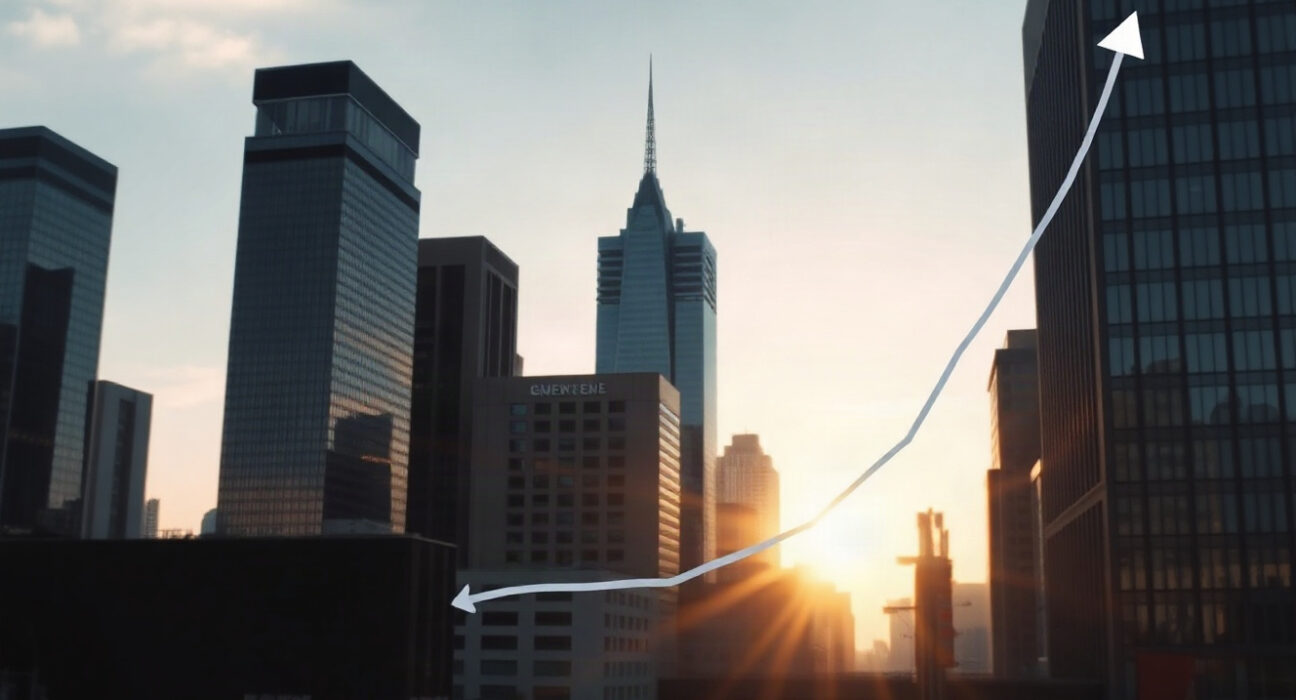 US city skyline at sunrise representing services sector growth