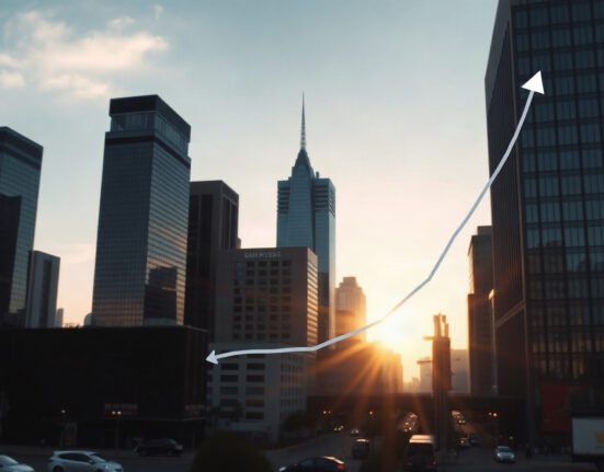 US city skyline at sunrise representing services sector growth