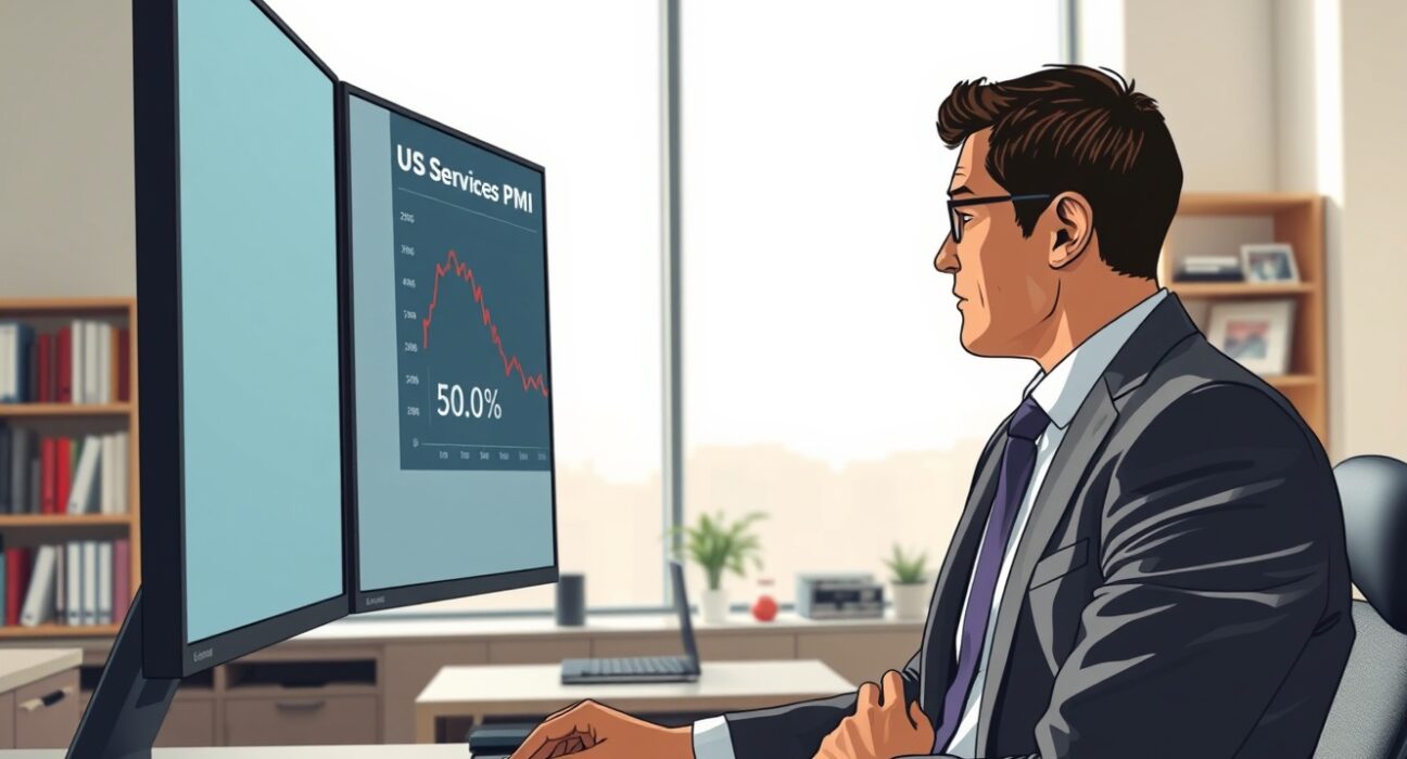Analyst reviews declining US Services PMI data chart showing economic contraction.
