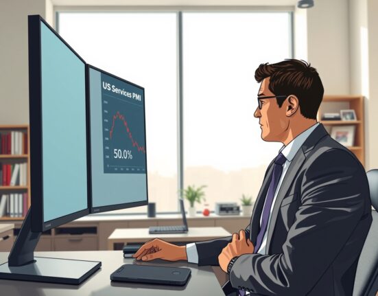 Analyst reviews declining US Services PMI data chart showing economic contraction.