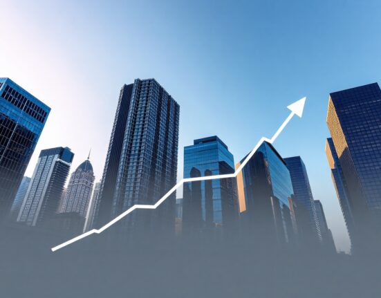 US financial district skyline at golden hour representing services sector growth