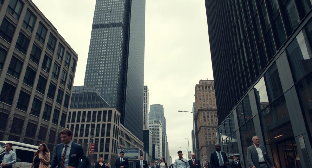 Busy city street with office workers on an overcast day representing slowing US services sector activity.