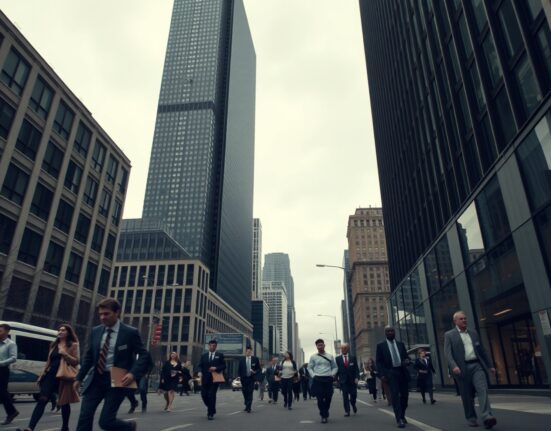 Busy city street with office workers on an overcast day representing slowing US services sector activity.