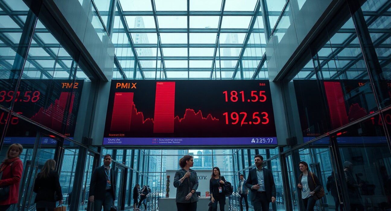 Digital display showing declining Services PMI data in a modern office lobby, reflecting economic uncertainty.