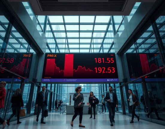 Digital display showing declining Services PMI data in a modern office lobby, reflecting economic uncertainty.