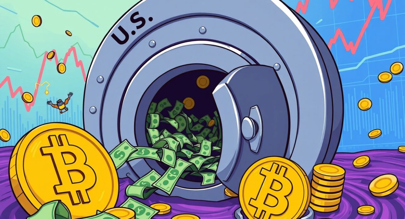 U.S. shutdown liquidity drain affecting Bitcoin price in a vibrant financial cartoon scene