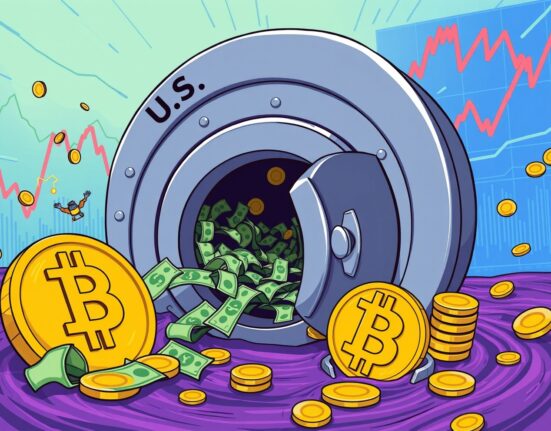 U.S. shutdown liquidity drain affecting Bitcoin price in a vibrant financial cartoon scene