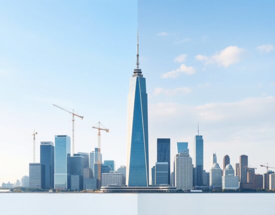 Split view of US city skyline showing contrasting economic conditions of sideways growth and sticky inflation