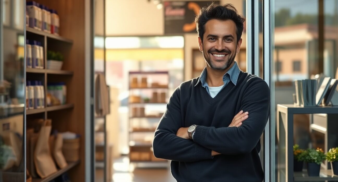 Small business owner smiling at store entrance, symbolizing rising optimism