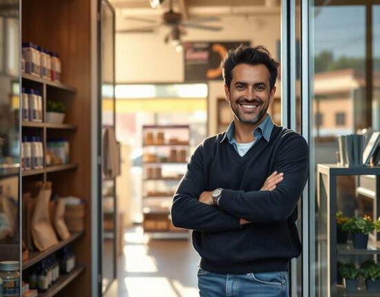 Small business owner smiling at store entrance, symbolizing rising optimism