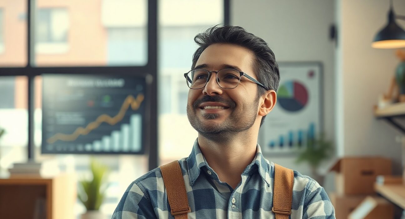 Small business owner looking confident in a sunlit store, reflecting improved business optimism