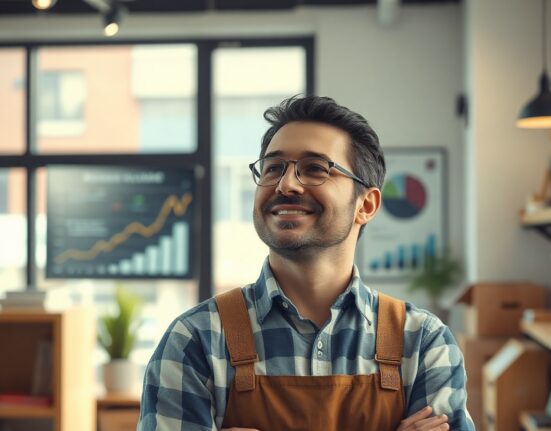 Small business owner looking confident in a sunlit store, reflecting improved business optimism