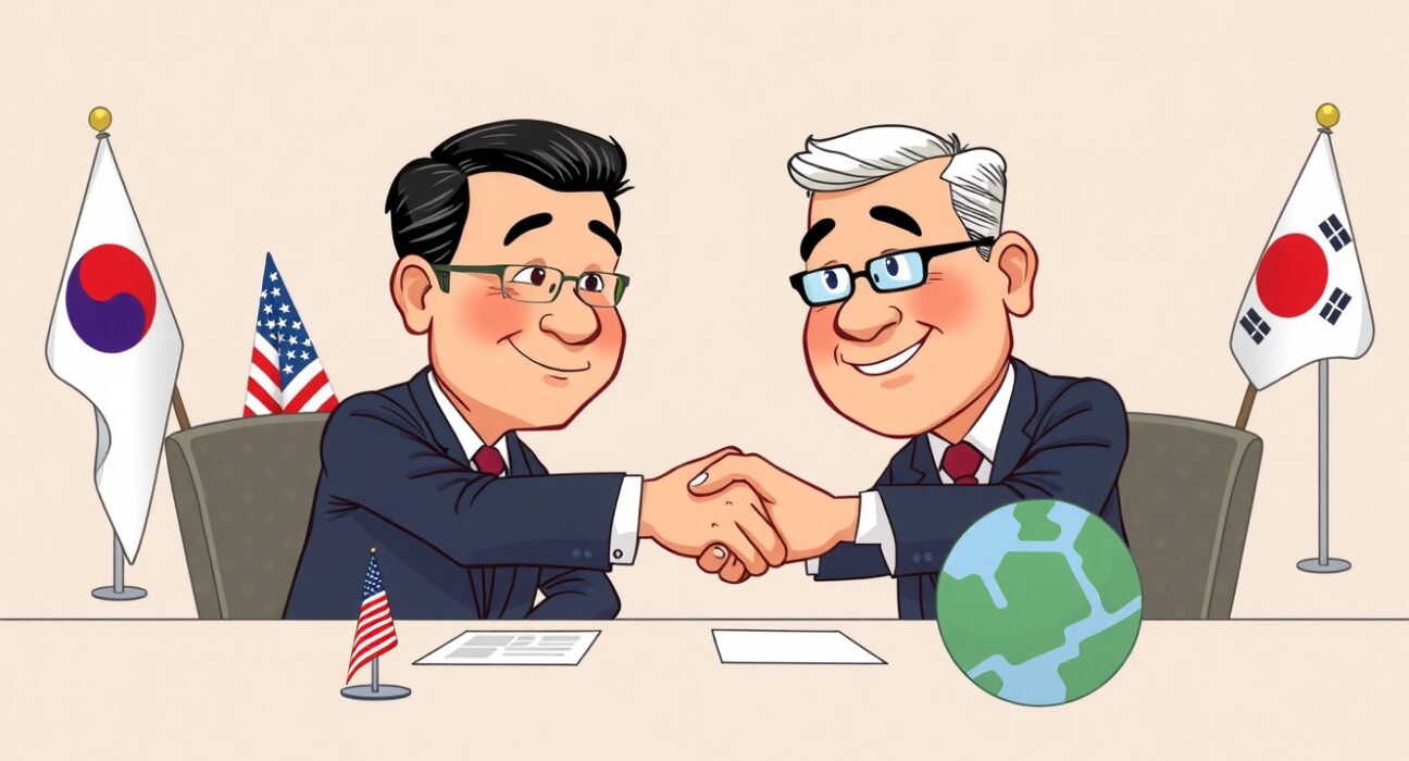 Cartoon illustration showing leaders concluding US-South Korea talks, symbolizing progress in trade and security negotiations.