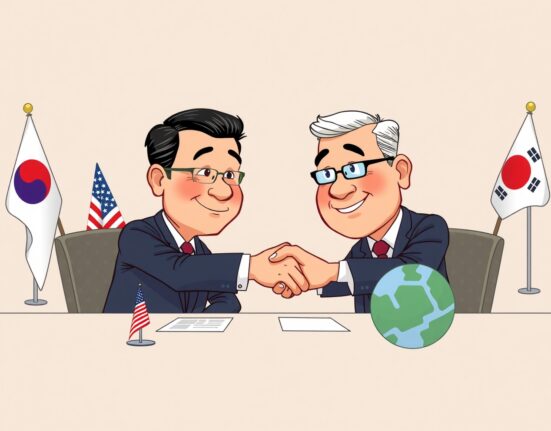 Cartoon illustration showing leaders concluding US-South Korea talks, symbolizing progress in trade and security negotiations.