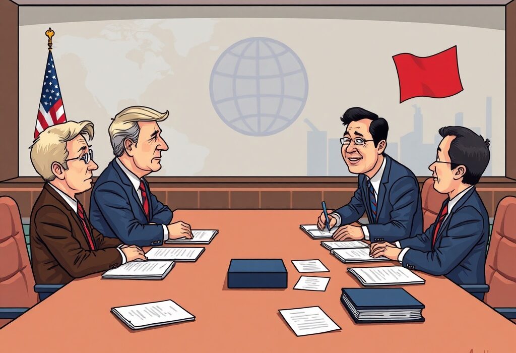 A cartoon illustration depicting a pivotal meeting between US and South Korean officials discussing US South Korea trade tariffs.