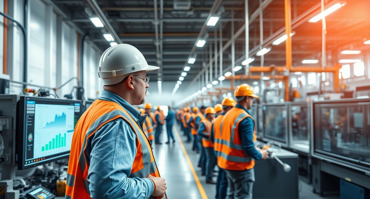 Workers on a factory floor monitoring production data screens in a modern US manufacturing plant.
