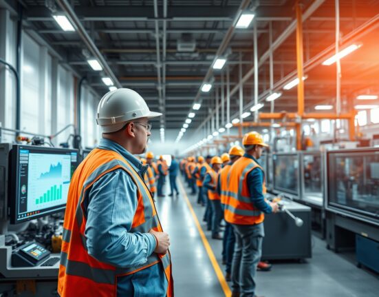Workers on a factory floor monitoring production data screens in a modern US manufacturing plant.
