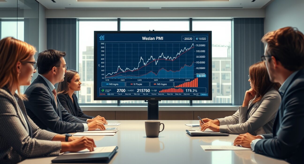 Business professionals reviewing PMI data on a digital screen in a modern US office boardroom.