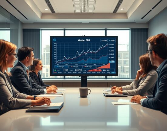 Business professionals reviewing PMI data on a digital screen in a modern US office boardroom.