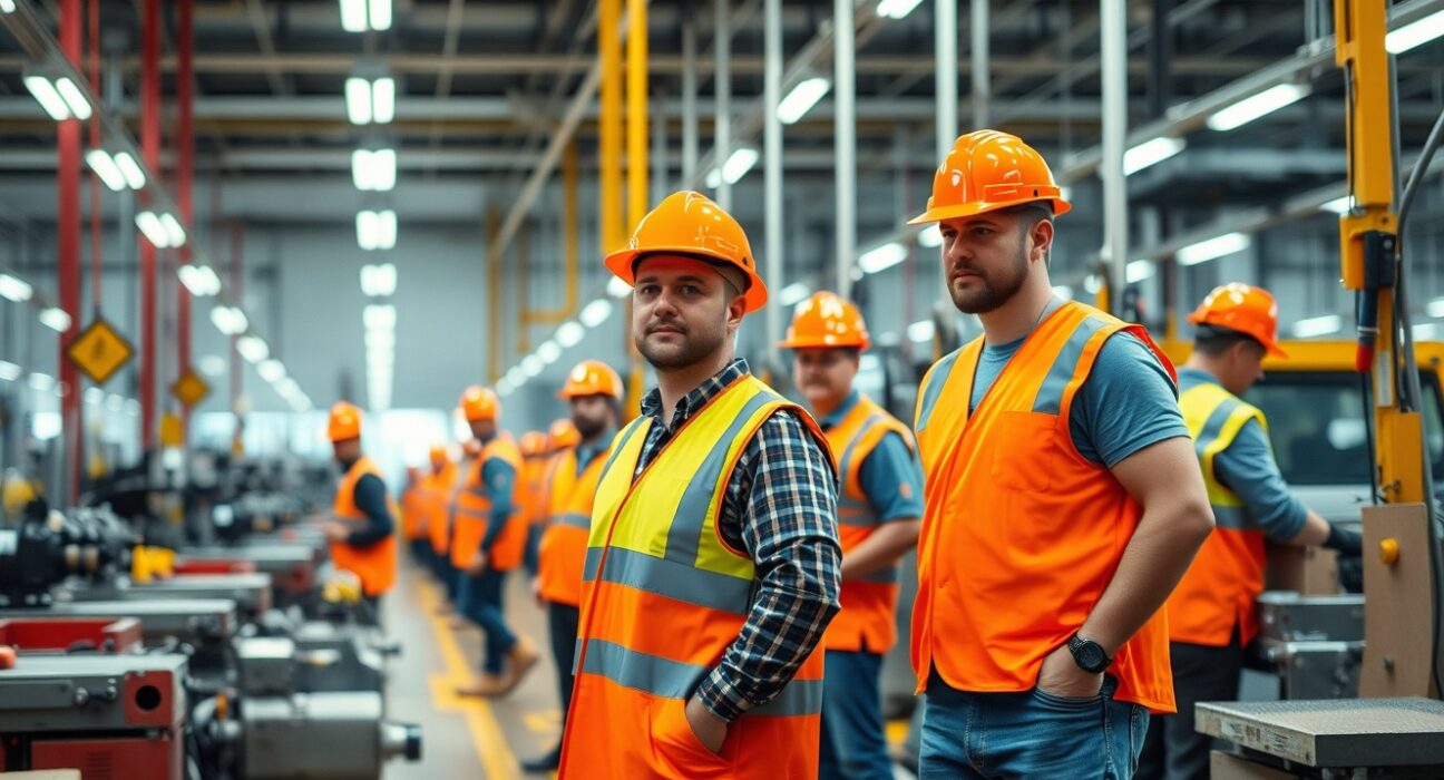 Workers on a factory floor inspecting machinery, representing US business activity and manufacturing resilience.