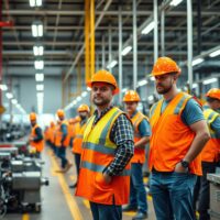 Workers on a factory floor inspecting machinery, representing US business activity and manufacturing resilience.