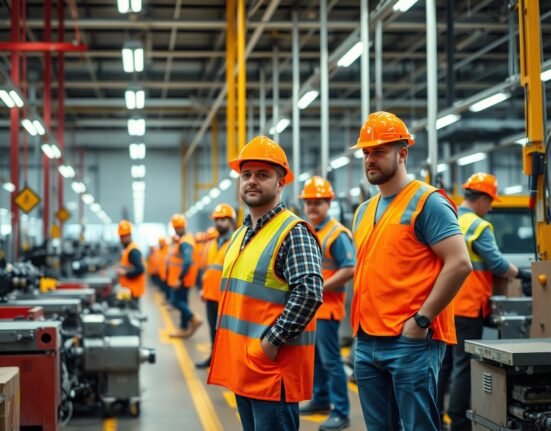 Workers on a factory floor inspecting machinery, representing US business activity and manufacturing resilience.