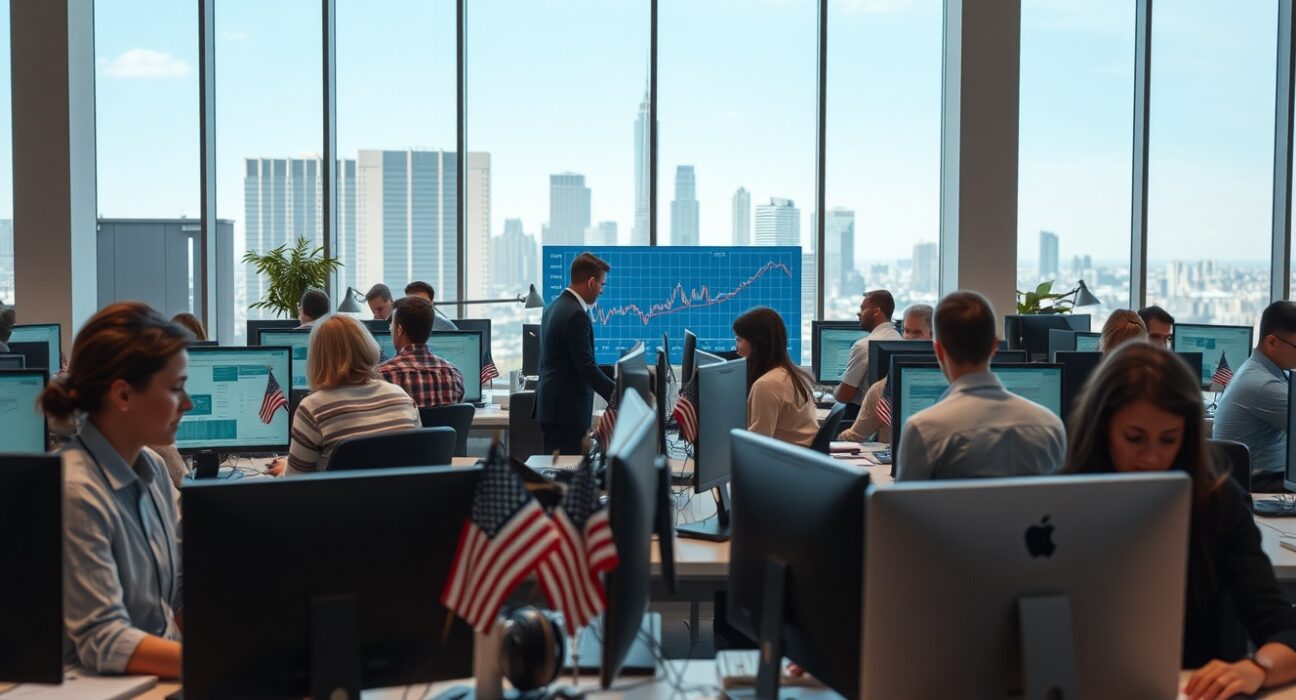 Professionals working in a modern US office, representing economic activity ahead of PMI data release.