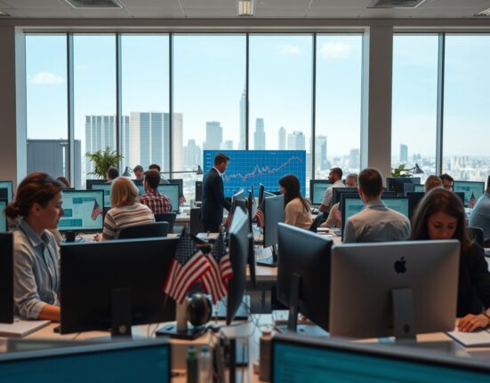 Professionals working in a modern US office, representing economic activity ahead of PMI data release.