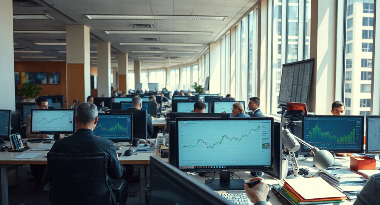 Busy office interior with professionals working at desks, representing steady US business activity.