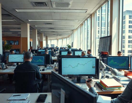 Busy office interior with professionals working at desks, representing steady US business activity.