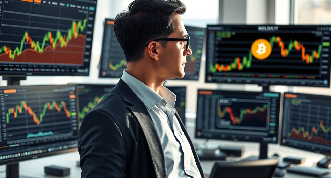 Financial analyst examining Bitcoin market data showing US demand recovery