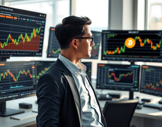Financial analyst examining Bitcoin market data showing US demand recovery