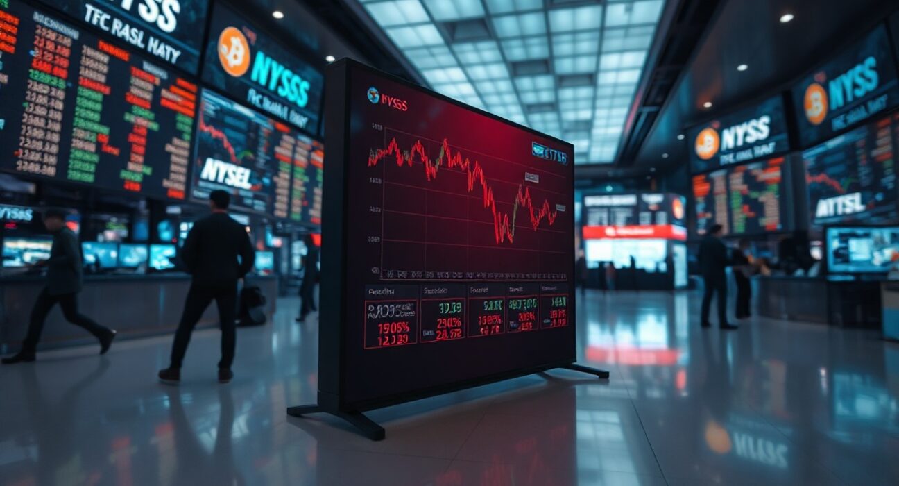 Declining Bitcoin ETF chart on a trading floor display