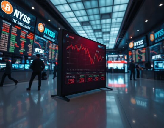 Declining Bitcoin ETF chart on a trading floor display
