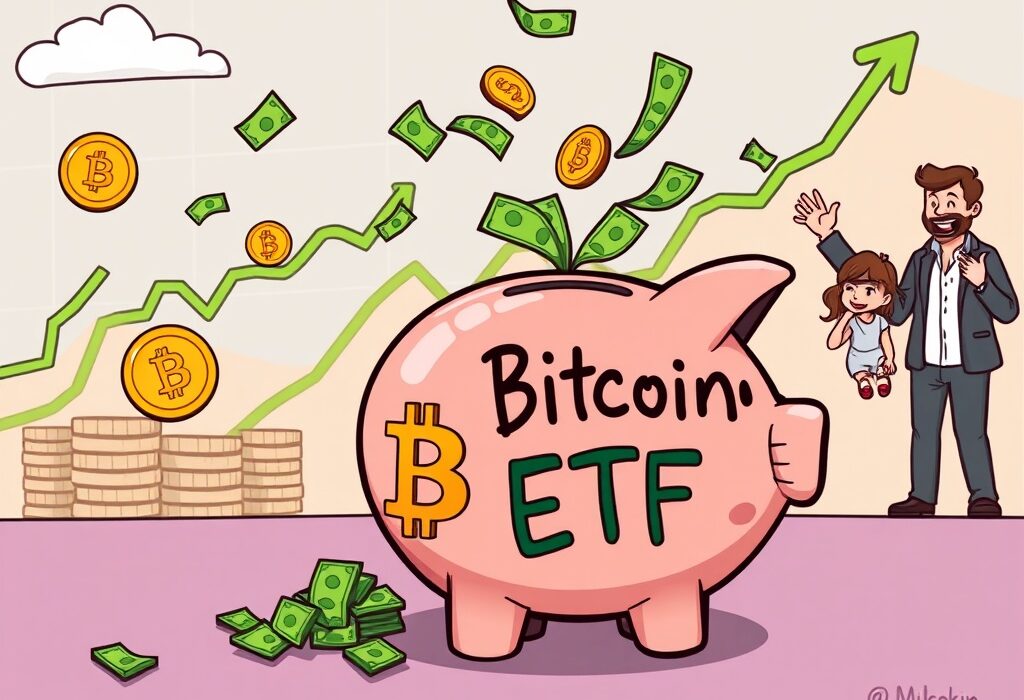 Cartoon illustration showing money flowing into a Bitcoin ETF fund, symbolizing positive US spot Bitcoin ETFs momentum.