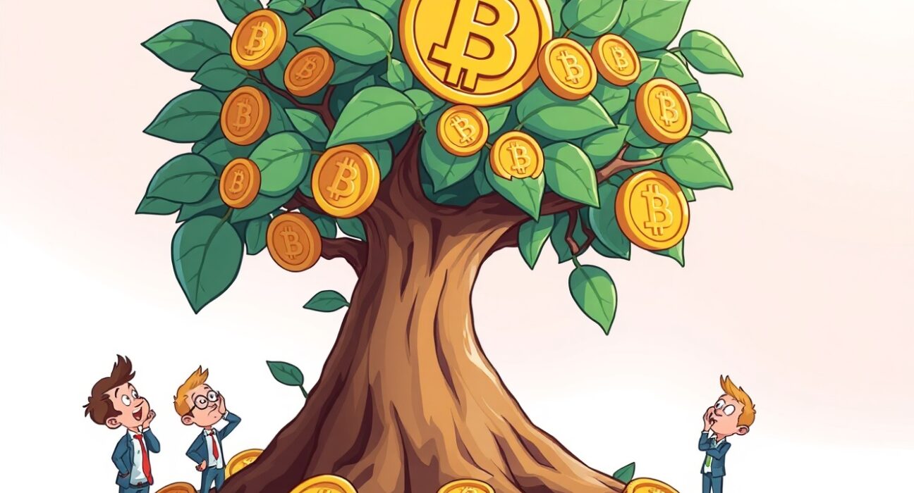 A cartoon illustration showing positive Bitcoin ETF investment flows as coins flowing into a digital vault.