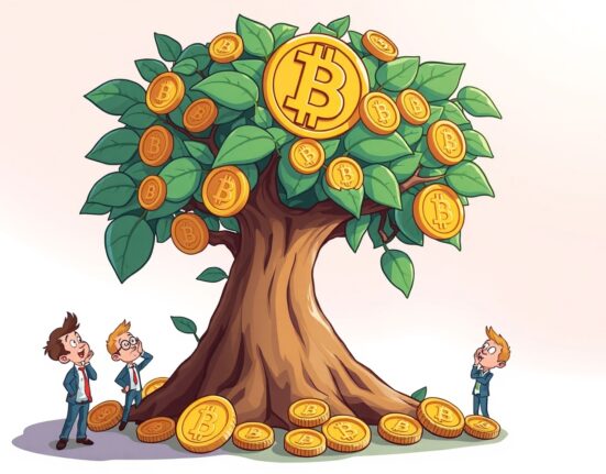 A cartoon illustration showing positive Bitcoin ETF investment flows as coins flowing into a digital vault.