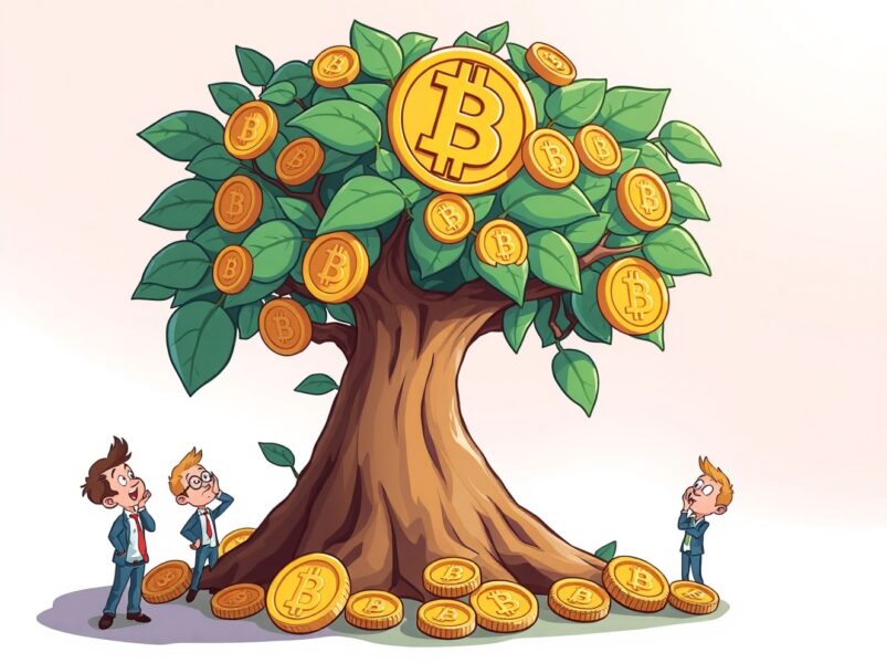 A cartoon illustration showing positive Bitcoin ETF investment flows as coins flowing into a digital vault.