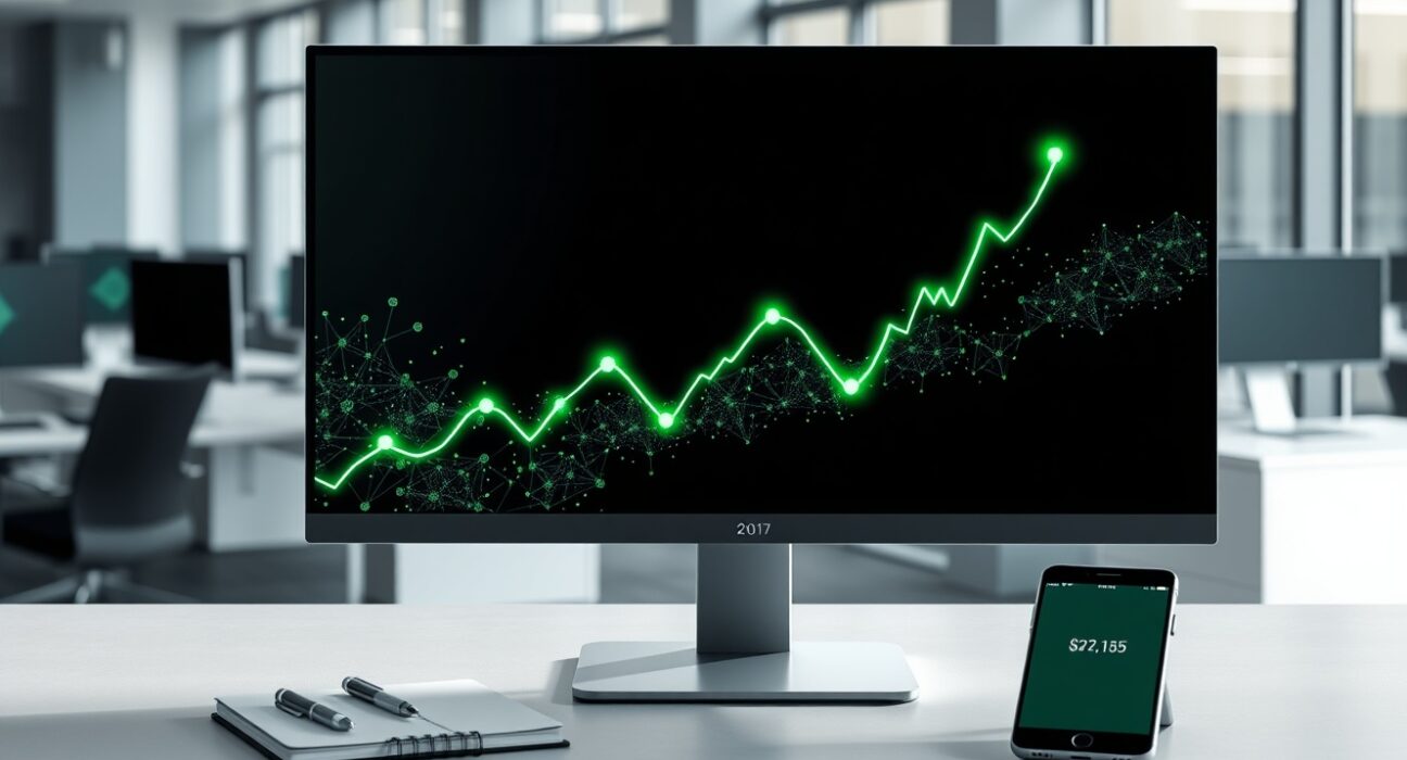 A trading desk monitor shows a rising graph for US spot Bitcoin ETF inflows and market confidence.