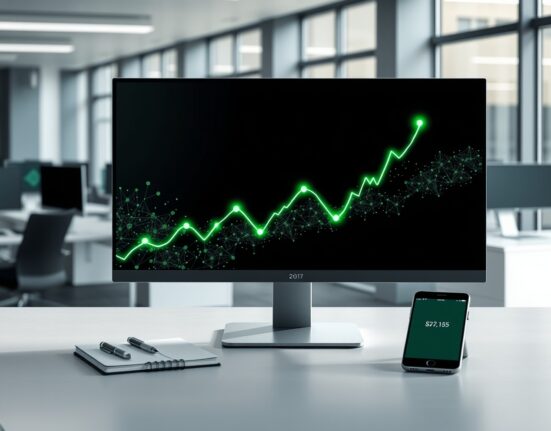 A trading desk monitor shows a rising graph for US spot Bitcoin ETF inflows and market confidence.