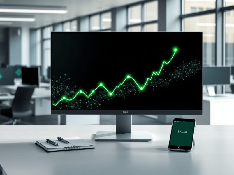 A trading desk monitor shows a rising graph for US spot Bitcoin ETF inflows and market confidence.