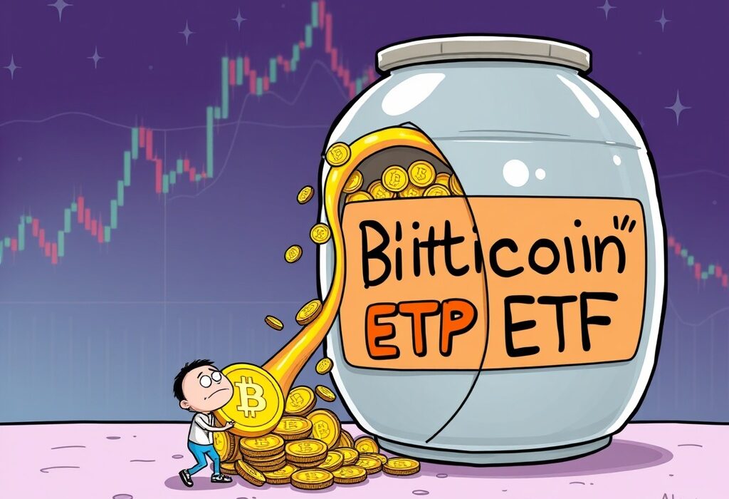 Cartoon showing money flowing out of a US Spot Bitcoin ETF, illustrating recent Bitcoin ETF outflows and market concern.
