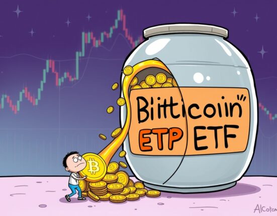 Cartoon showing money flowing out of a US Spot Bitcoin ETF, illustrating recent Bitcoin ETF outflows and market concern.