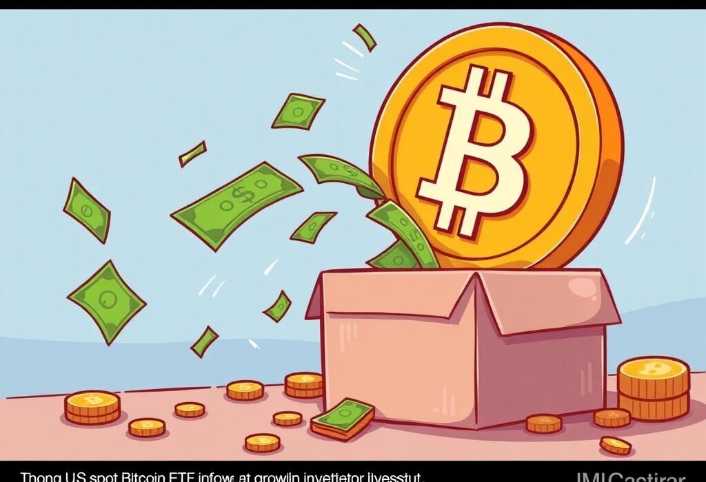 Illustration of funds entering a Bitcoin symbol, symbolizing strong U.S. spot Bitcoin ETF inflows and investor confidence.