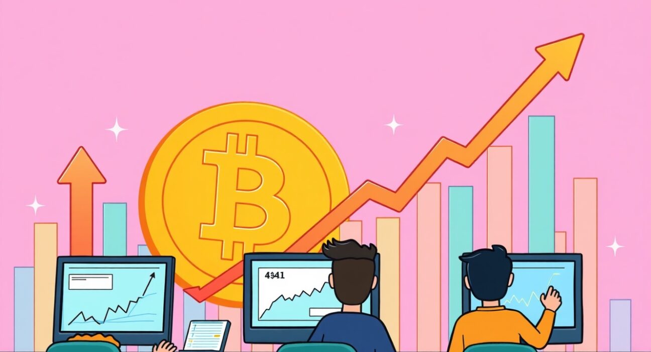 A vibrant cartoon illustration showing positive investment flows into U.S. spot Bitcoin ETFs, with a large Bitcoin symbol and eager investors.