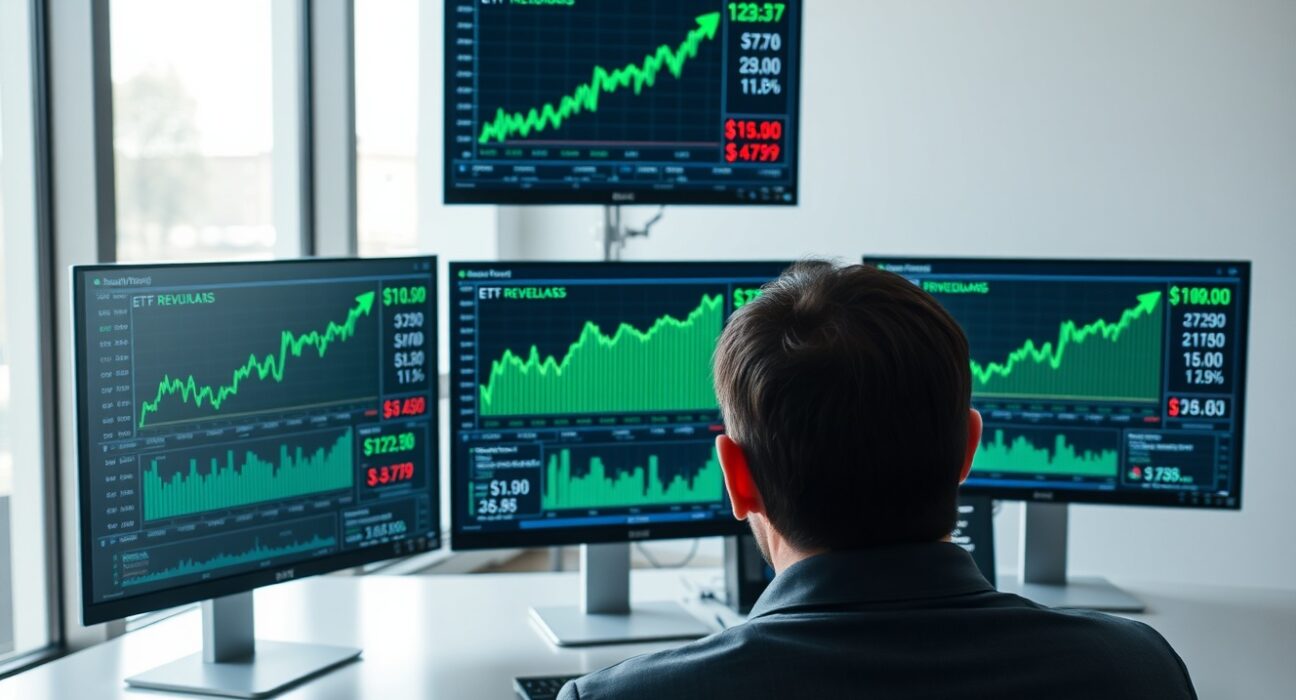 Professional trading desk with monitors showing Bitcoin ETF inflow data and positive green charts
